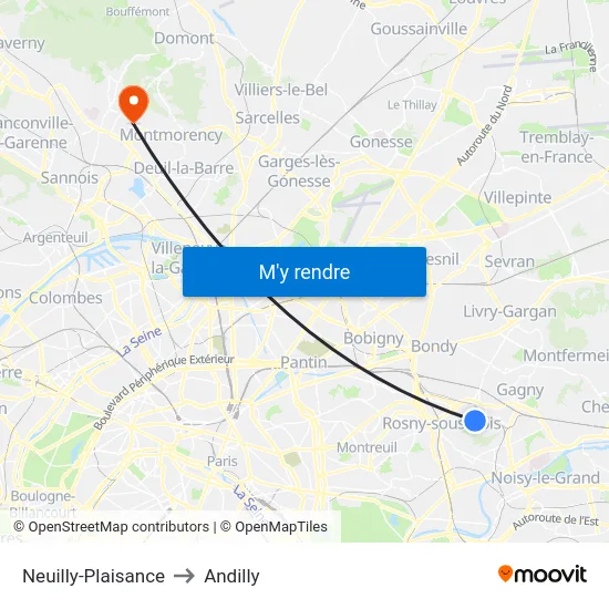 Neuilly-Plaisance to Andilly map