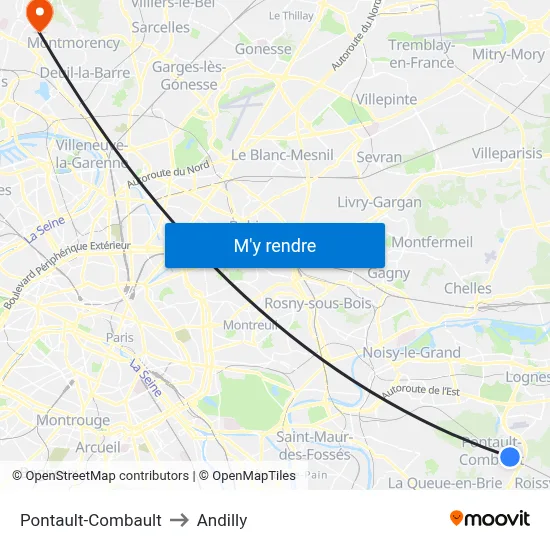 Pontault-Combault to Andilly map