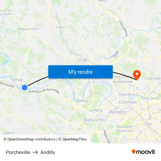 Porcheville to Andilly map