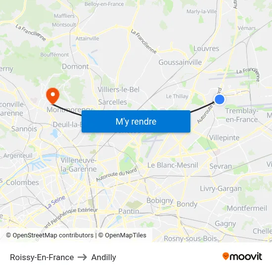 Roissy-En-France to Andilly map