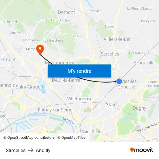 Sarcelles to Andilly map