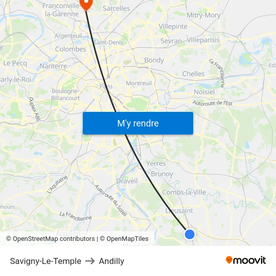 Savigny-Le-Temple to Andilly map