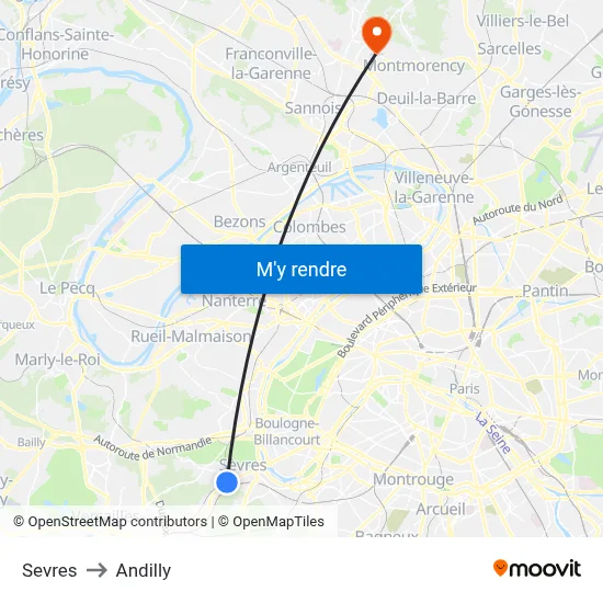 Sevres to Andilly map