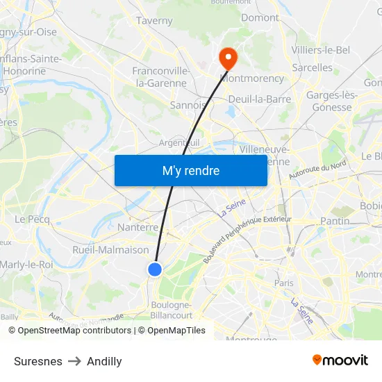 Suresnes to Andilly map