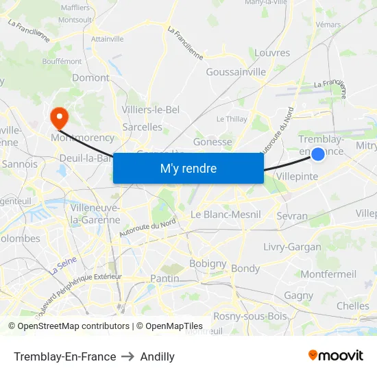 Tremblay-En-France to Andilly map