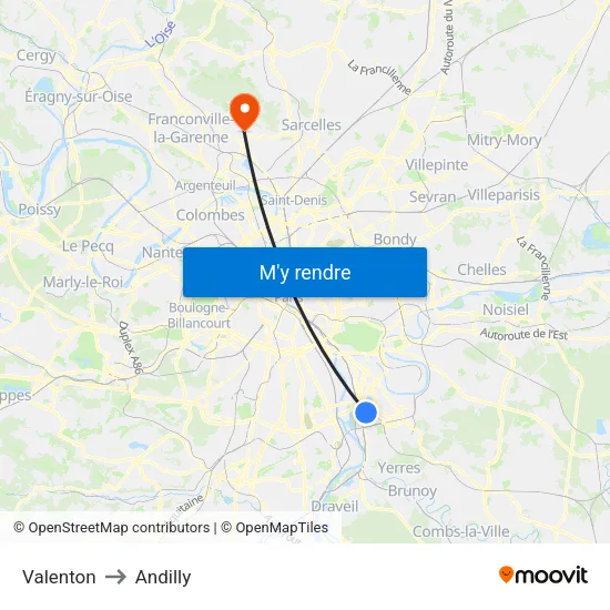 Valenton to Andilly map