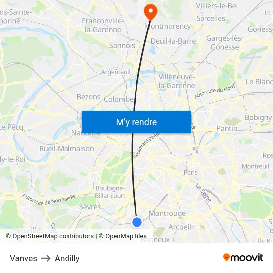 Vanves to Andilly map