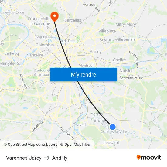 Varennes-Jarcy to Andilly map