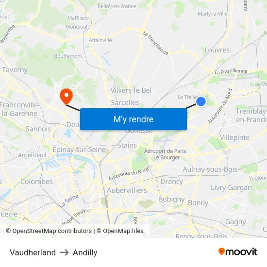 Vaudherland to Andilly map