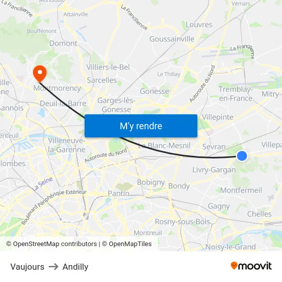 Vaujours to Andilly map