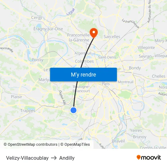 Velizy-Villacoublay to Andilly map
