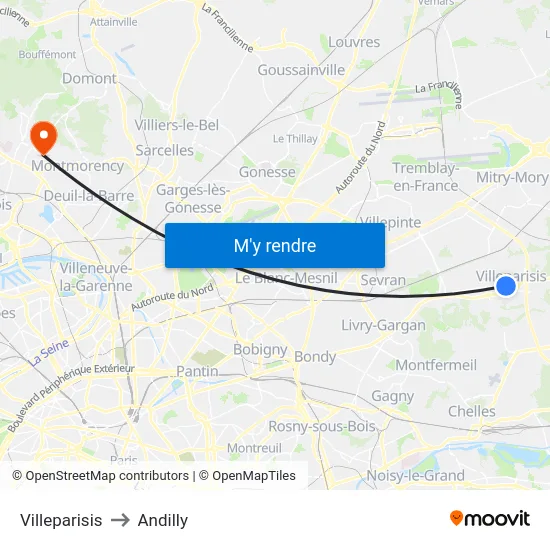 Villeparisis to Andilly map