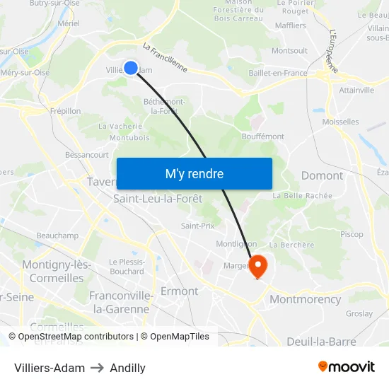 Villiers-Adam to Andilly map