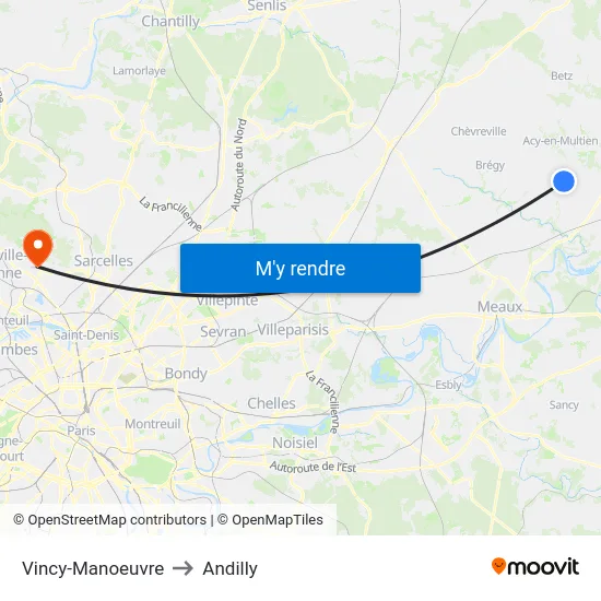 Vincy-Manoeuvre to Andilly map