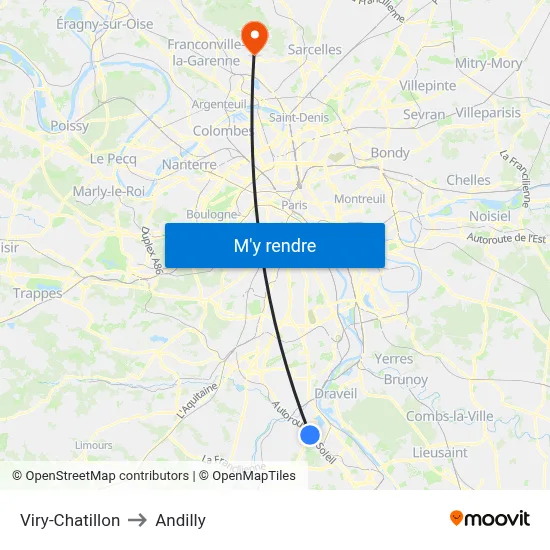 Viry-Chatillon to Andilly map