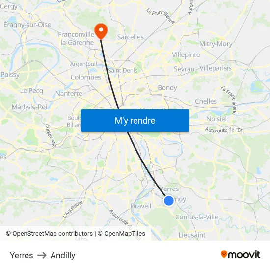 Yerres to Andilly map