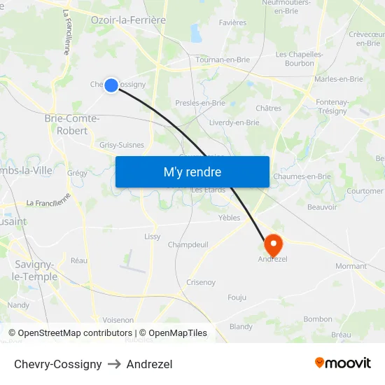 Chevry-Cossigny to Andrezel map