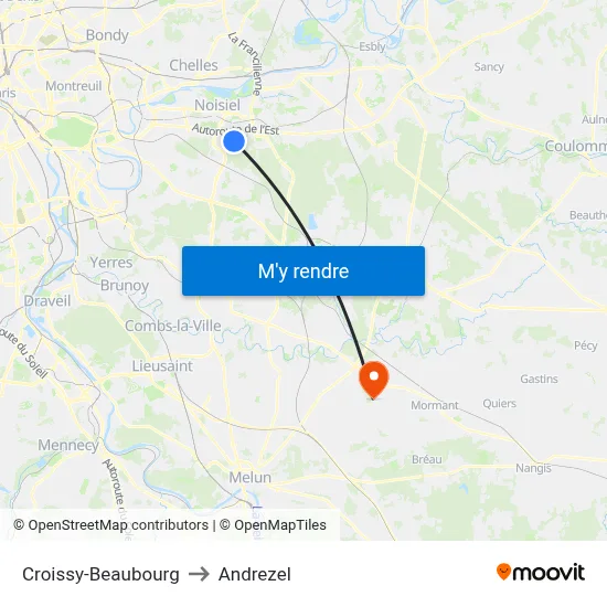 Croissy-Beaubourg to Andrezel map