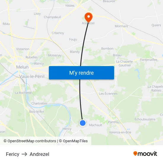 Fericy to Andrezel map