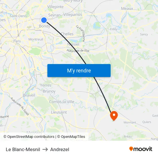 Le Blanc-Mesnil to Andrezel map