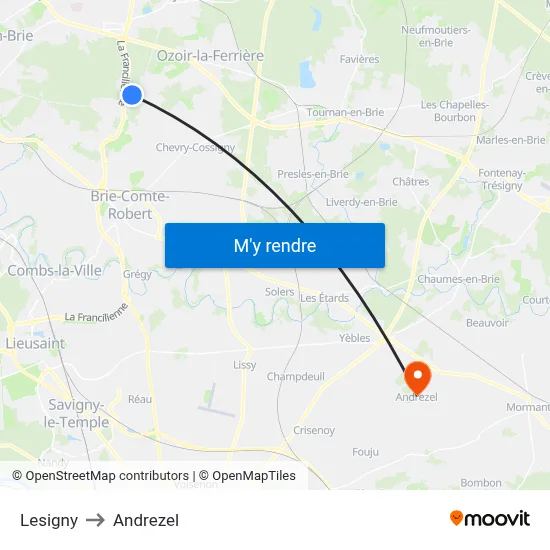 Lesigny to Andrezel map