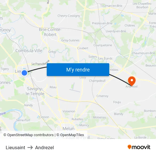 Lieusaint to Andrezel map