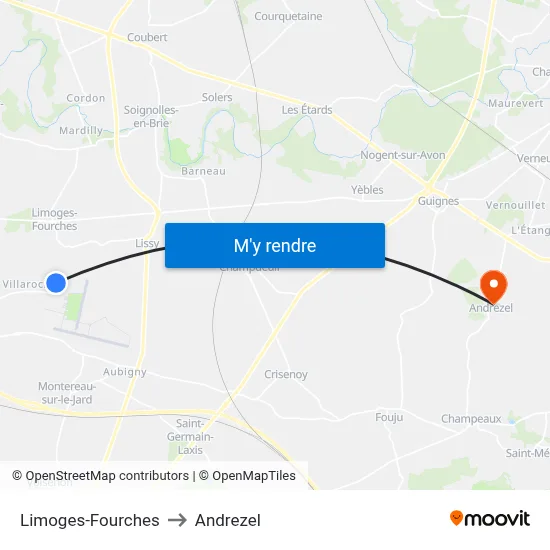 Limoges-Fourches to Andrezel map