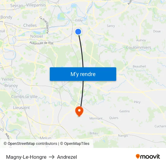 Magny-Le-Hongre to Andrezel map