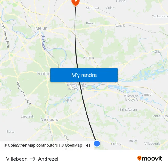 Villebeon to Andrezel map