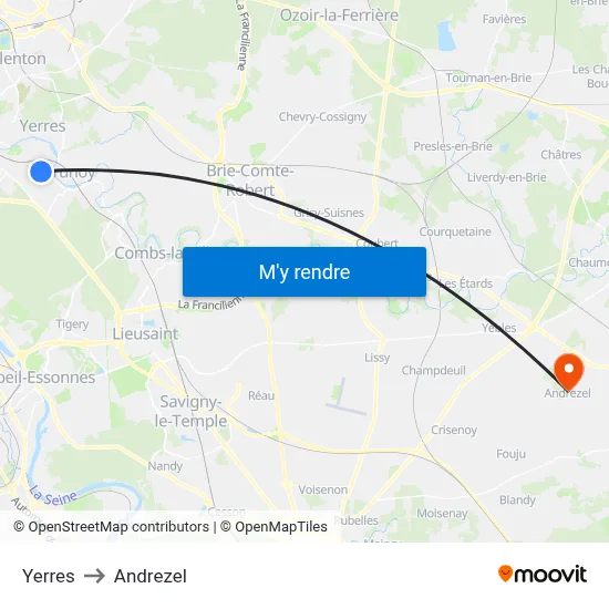 Yerres to Andrezel map