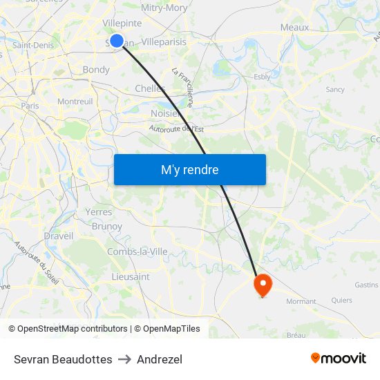 Sevran Beaudottes to Andrezel map