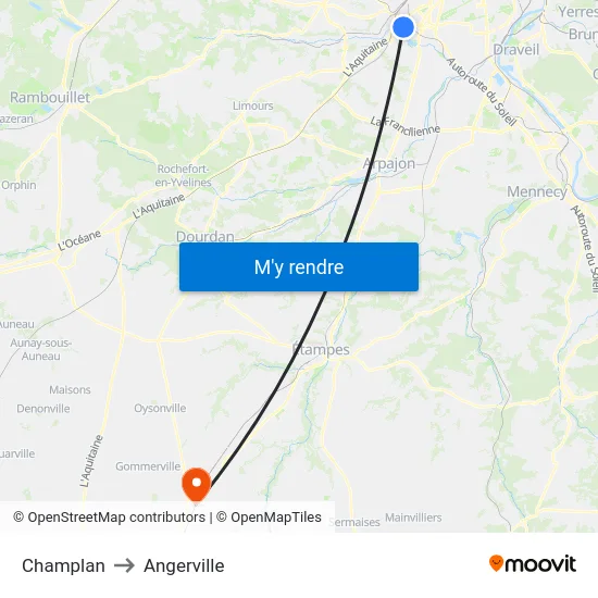 Champlan to Angerville map