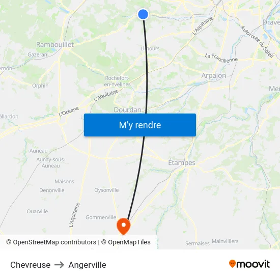 Chevreuse to Angerville map