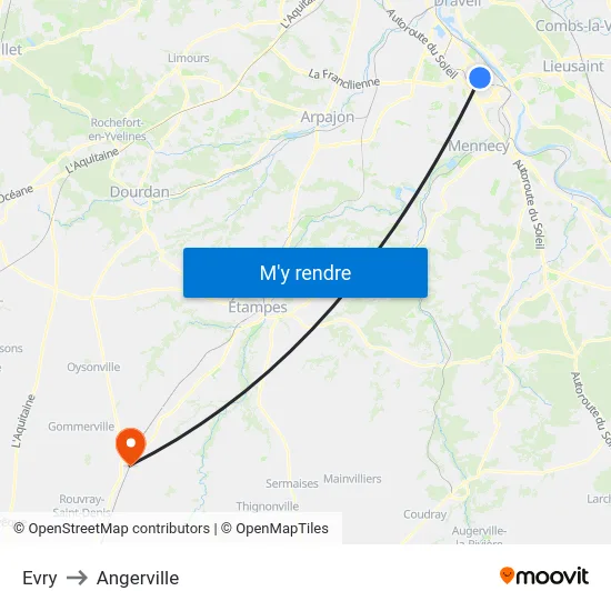 Evry to Angerville map
