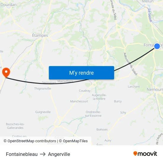 Fontainebleau to Angerville map