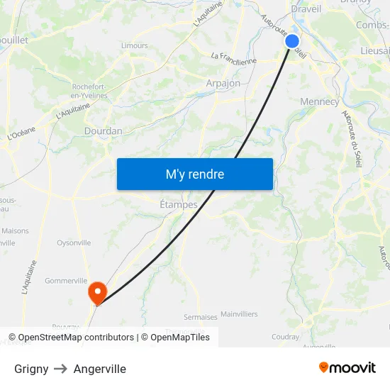 Grigny to Angerville map