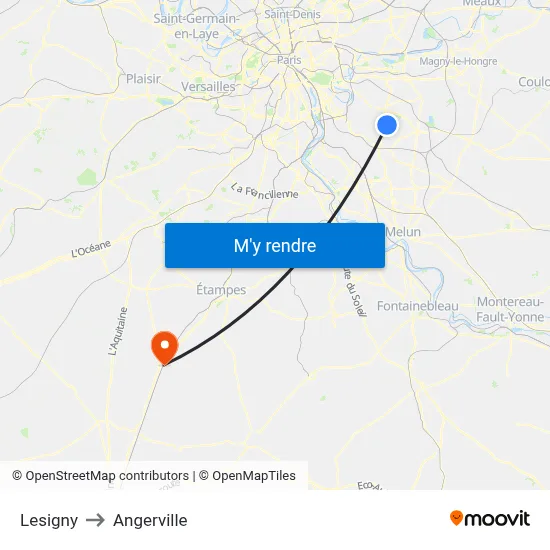 Lesigny to Angerville map