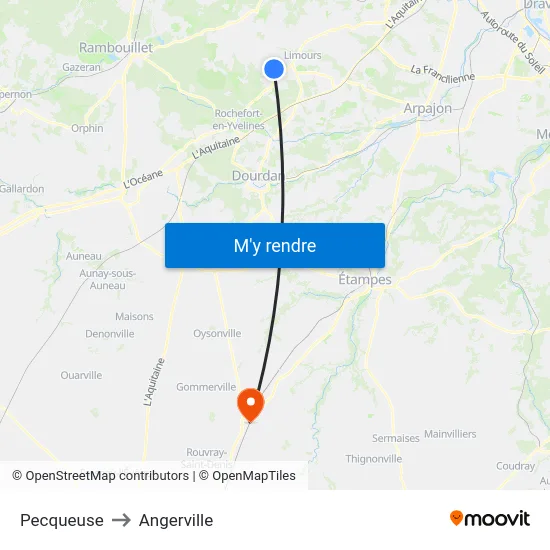 Pecqueuse to Angerville map