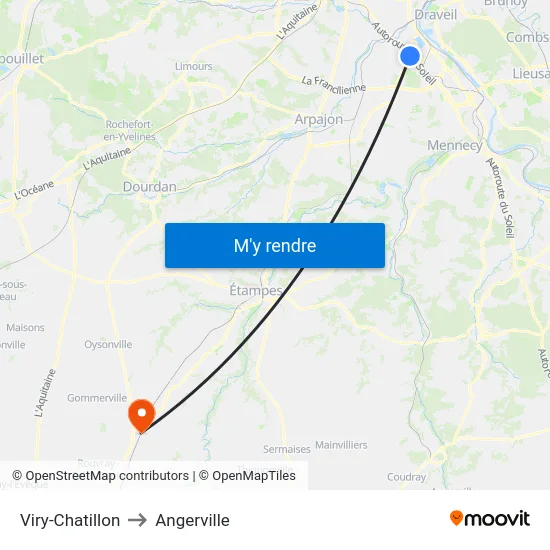 Viry-Chatillon to Angerville map