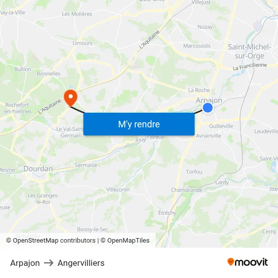 Arpajon to Angervilliers map