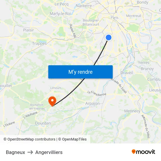 Bagneux to Angervilliers map
