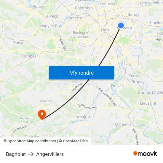 Bagnolet to Angervilliers map