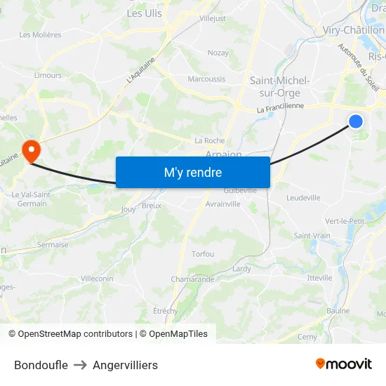 Bondoufle to Angervilliers map