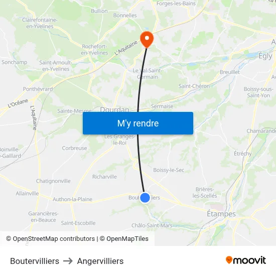 Boutervilliers to Angervilliers map