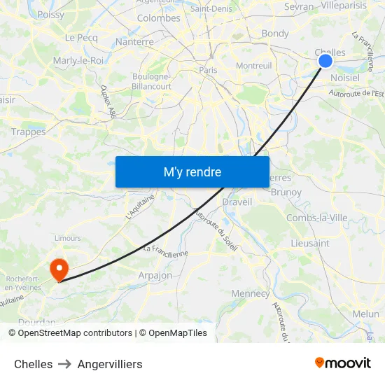 Chelles to Angervilliers map
