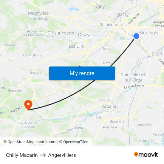 Chilly-Mazarin to Angervilliers map
