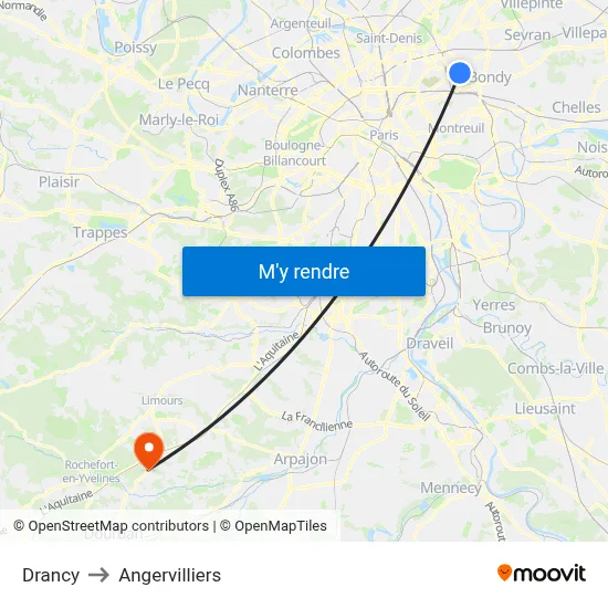 Drancy to Angervilliers map