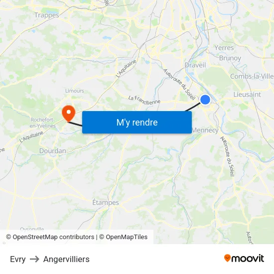 Evry to Angervilliers map