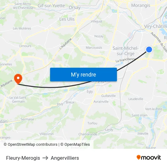 Fleury-Merogis to Angervilliers map