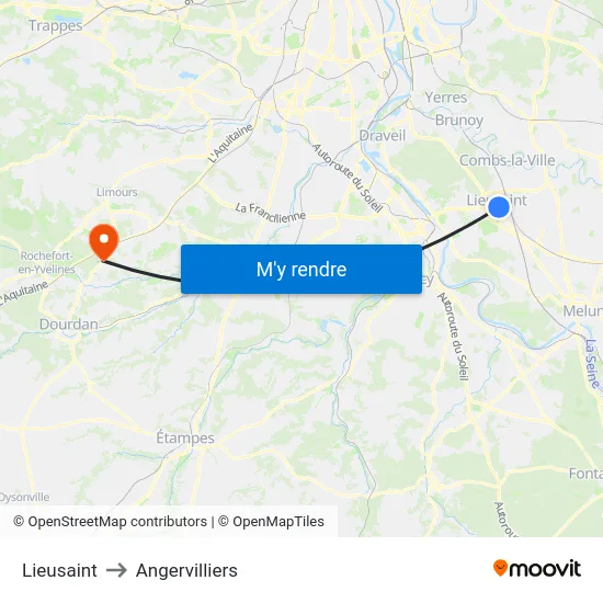 Lieusaint to Angervilliers map